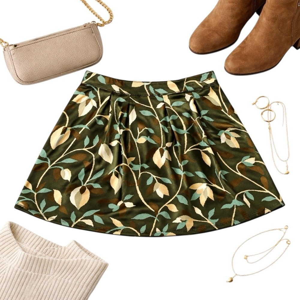dELiA*s Vintage Jackie Satin Skirt Size 7 Olive Green Floral Print Y2K Aesthetic